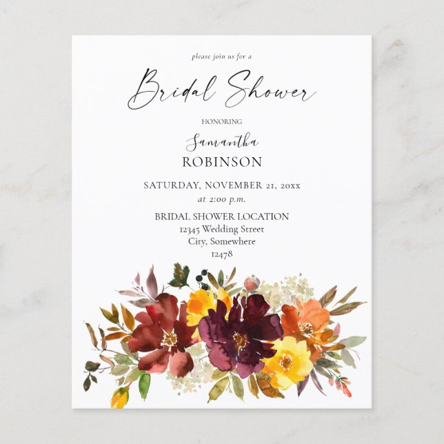 Budget Orange & Yellow Fall Floral Bridal Shower Flyer (Front)