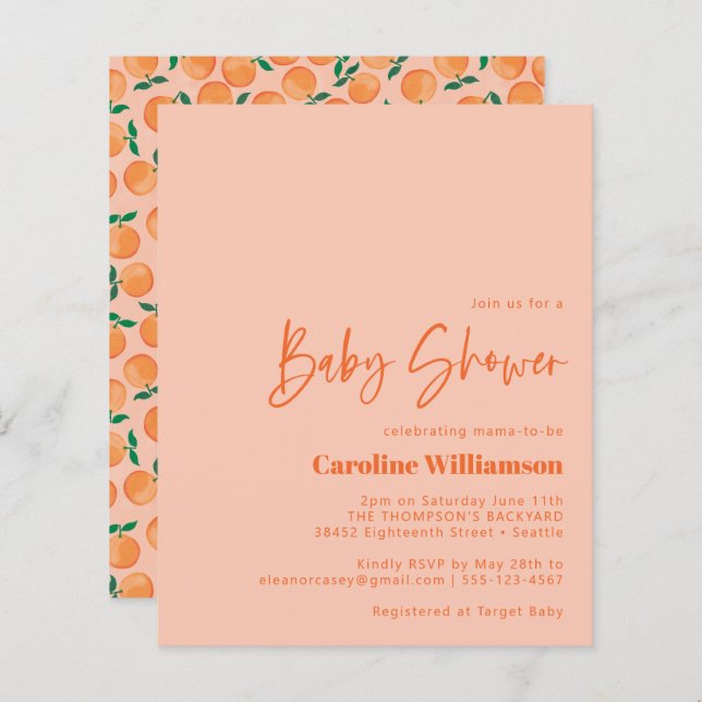 Budget Oranges Fruit Watercolor Pink Baby Shower (Front/Back)