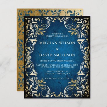 Budget Ornamental Blue Gold Wedding Invitation