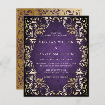 Budget Ornamental Purple Gold Wedding Invitation
