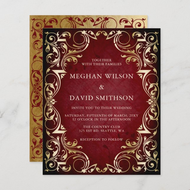 Budget Ornamental Red Gold Wedding Invitation (Front/Back)