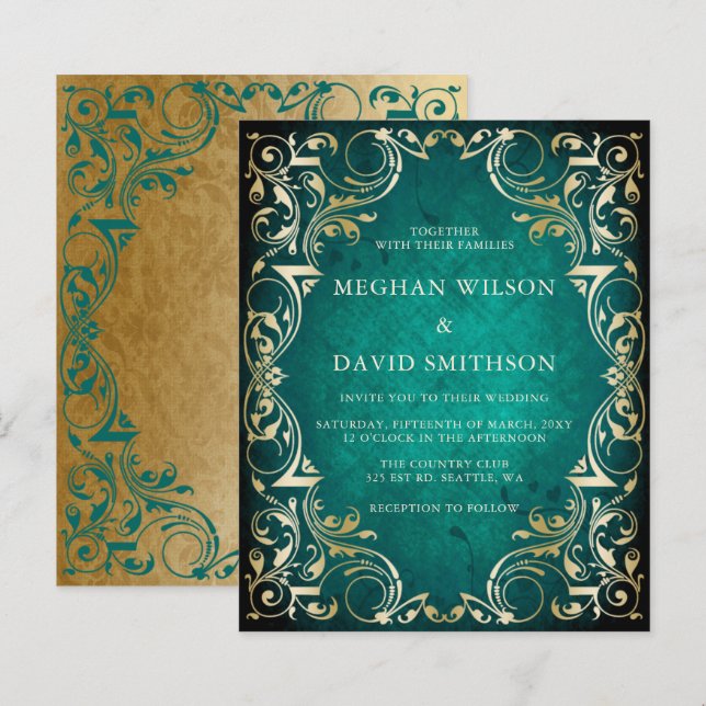 Budget Ornamental Teal Gold Wedding Invitation (Front/Back)