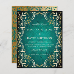 Budget Ornamental Teal Gold Wedding Invitation