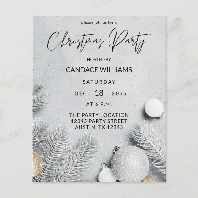 Budget Ornaments & Pine Leaves Christmas Party Flyer (Front)