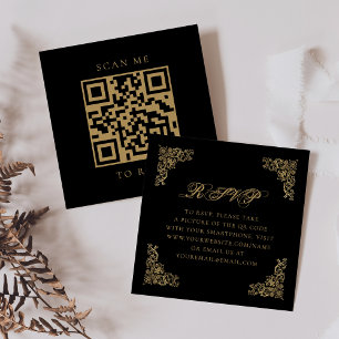 Budget Ornate Vintage Black Gold QR Code RSVP Enclosure Card