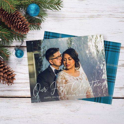 Budget Our First Christmas Photo  Blue Plaid