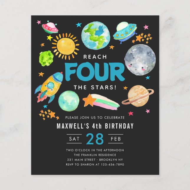 Budget Outer Space Stars Moon 4th Birthday Party (Front)