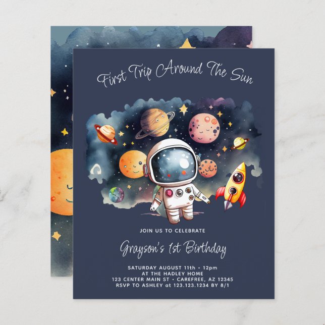 Budget Outerspace Planets Blue 1st Birthday Invite (Front/Back)