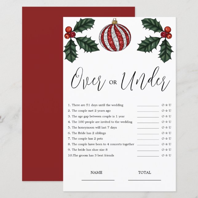 Budget Over or Under Christmas Bridal Game (Front/Back)