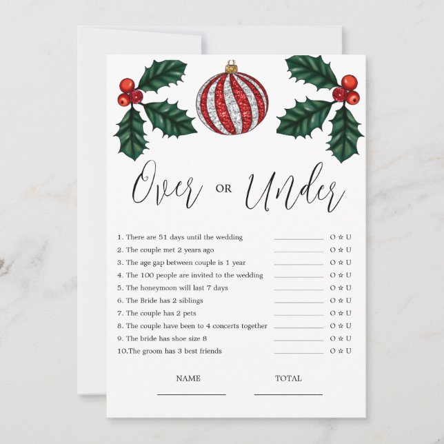 Budget Over or Under Christmas Bridal Game Invitation (Front)