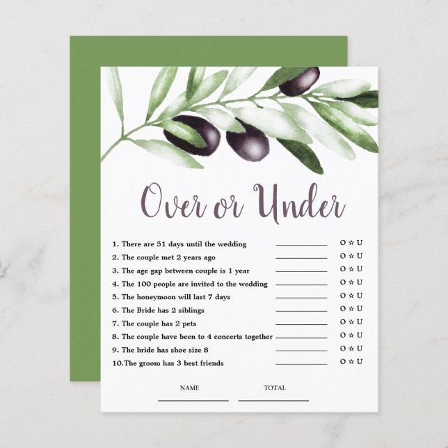Budget Over or Under Olive Bridal Shower Game  (Front/Back)