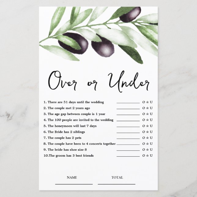Budget Over or Under Olive Bridal Shower Game  (Front)
