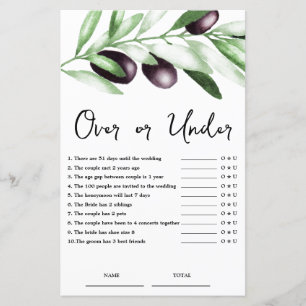 Budget Over or Under Olive Bridal Shower Game 