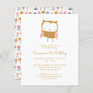 Budget Owl Flowers Simple 1st Birthday Invitation