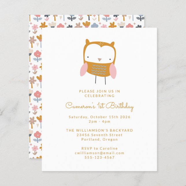Budget Owl Flowers Simple 1st Birthday Invitation (Front/Back)