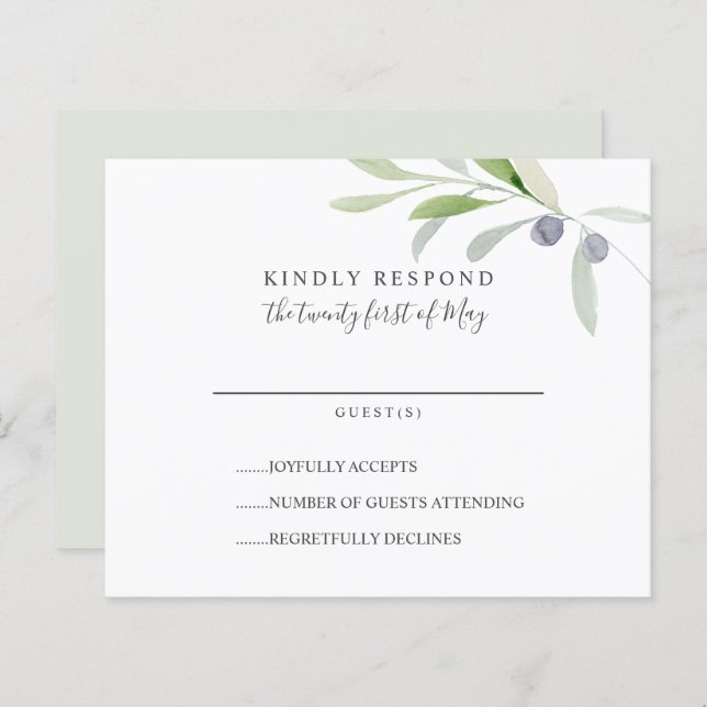 BUDGET Painted Olive  leaves branch Wedding RSVP (Front/Back)