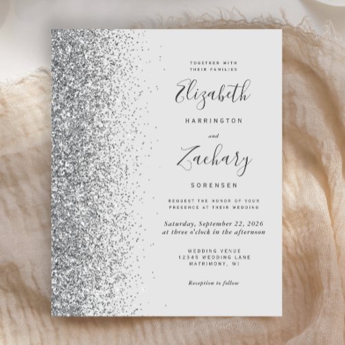 Budget Pale Gray Silver Glitter Wedding Invitation