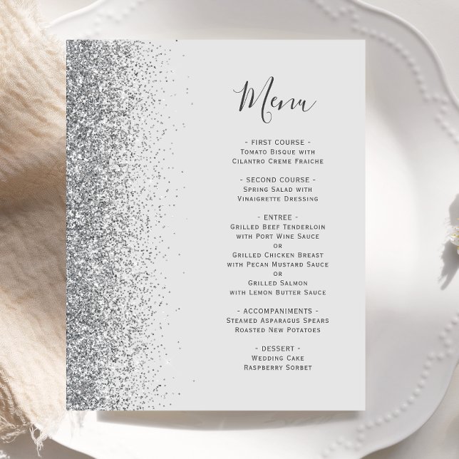Budget Pale Gray Silver Glitter Wedding Menu (Creator Uploaded)