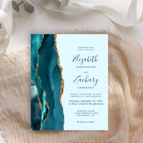 Budget Pale Teal Gold Agate Wedding Invitation