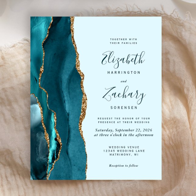 Budget Pale Teal Gold Agate Wedding Invitation (Creator Uploaded)