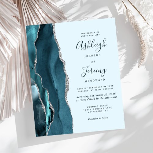 Budget Pale Teal Silver Agate Wedding Invitation