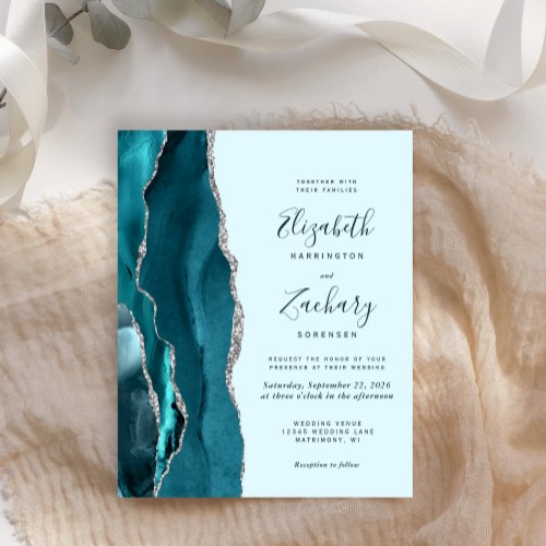 Budget Pale Teal Silver Agate Wedding Invitation