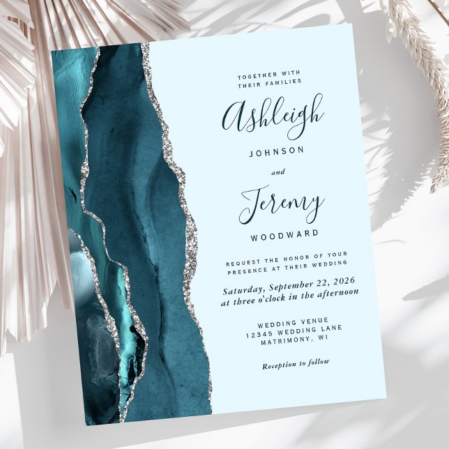 Budget Pale Teal Silver Agate Wedding Invitation (Creator Uploaded)