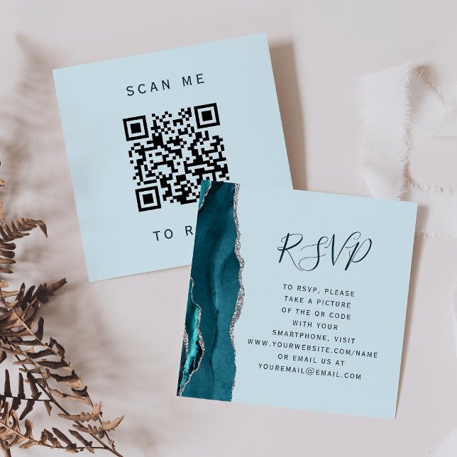 Budget Pale Teal Silver Agate Wedding QR Code RSVP Enclosure Card (Creator Uploaded)