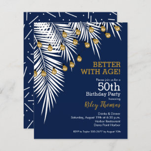 Budget Palm on Navy Blue 50th Birthday Invitations
