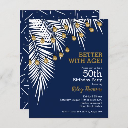 Budget Palm on Navy Blue 50th Birthday Invitations