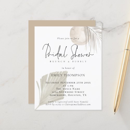 Budget Pampas Brunch Bubbly Bridal Shower Invite