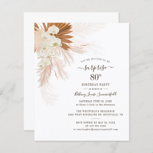 Budget Pampas Grass 80th Birthday Party Invitation