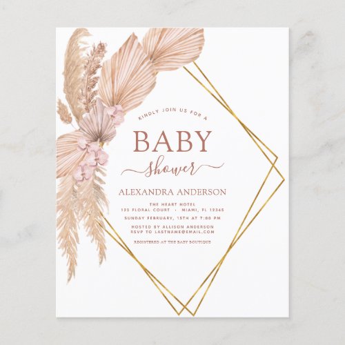 Budget Pampas Grass Boho Baby Shower Invitation Flyer