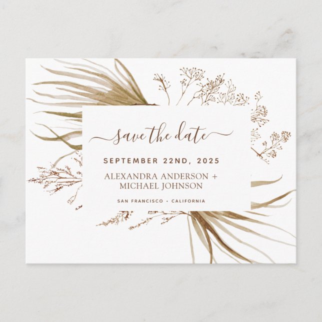 Budget Pampas Grass Boho Save the Date Postcard (Front)