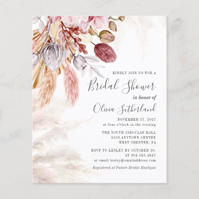 Budget Pampas Grass Bridal Shower Invitation (Front)