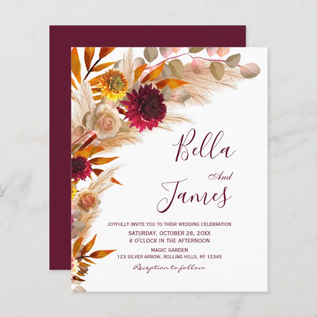Budget Pampas Grass Floral Boho Wedding Invite (Front/Back)