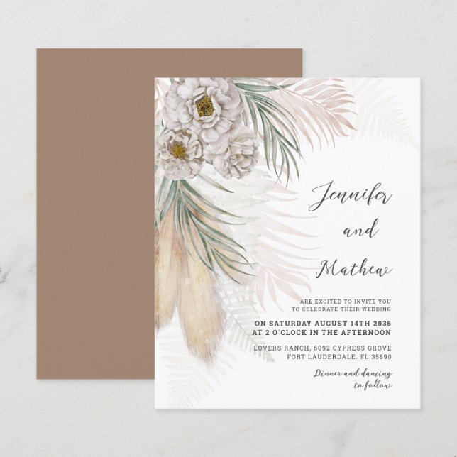 Budget Pampas Grass & Floral Wedding Invitation (Front/Back)