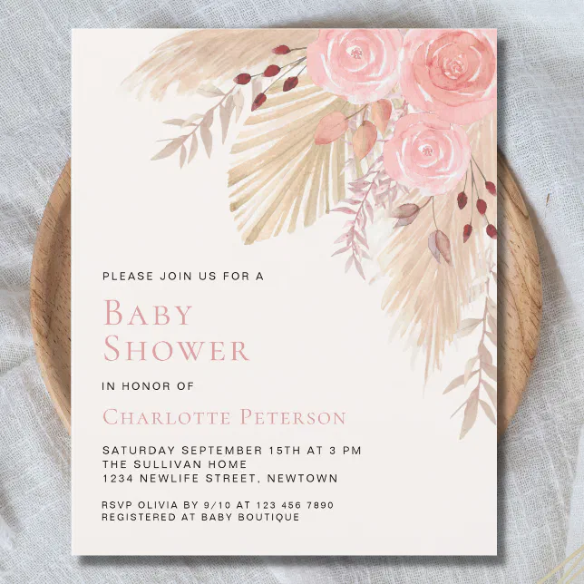 Budget Pampas Grass Girl's Baby Shower Invitation 