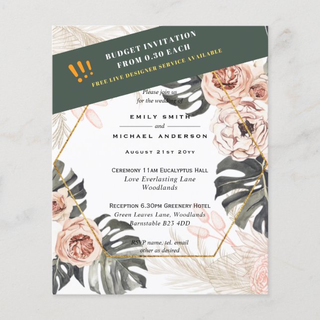 BUDGET PAMPAS GRASS Peach Tan Wedding INVITATIONS Flyer (Front)