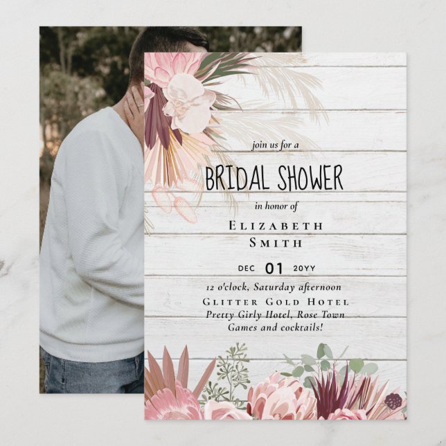 BUDGET Pampas Grass PHOTO Bridal Shower Invite (Front/Back)