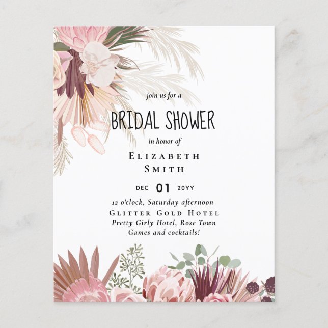 BUDGET Pampas Grass PHOTO Bridal Shower Invite Flyer (Front)