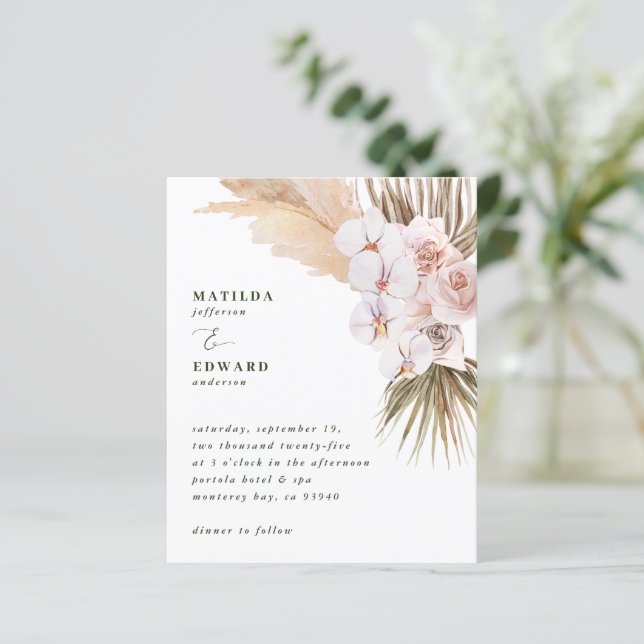 budget pampas grass rustic wedding invitation (Standing Front)