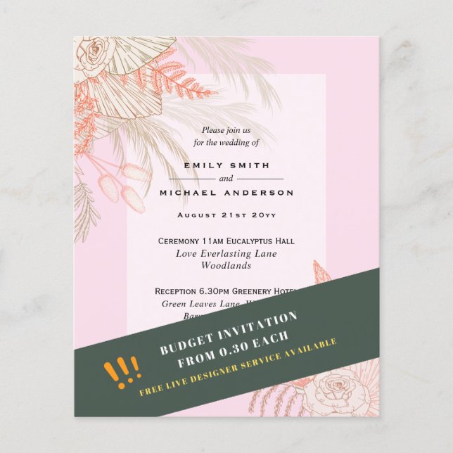 BUDGET Pampas Grass Terracotta Pink Wedding Invite Flyer (Front)