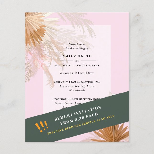 BUDGET Pampas Grass Terracotta Pink Wedding Invite Flyer (Front)