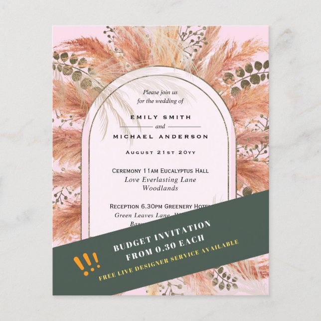 BUDGET Pampas Grass Terracotta Pink Wedding Invite Flyer (Front)
