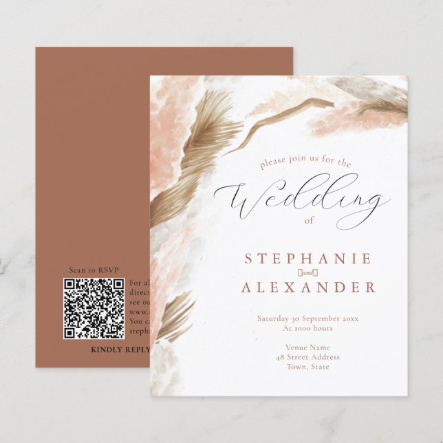 Budget Pampas Grass Terracotta QR Wedding Invite (Front/Back)