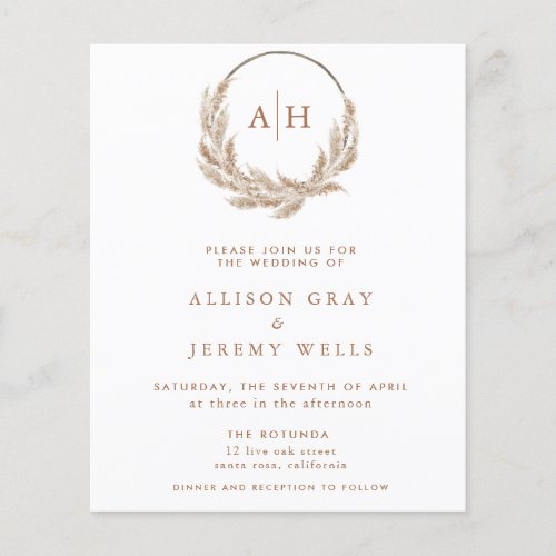 Budget Pampas Monogram Wedding Invitation  Flyer