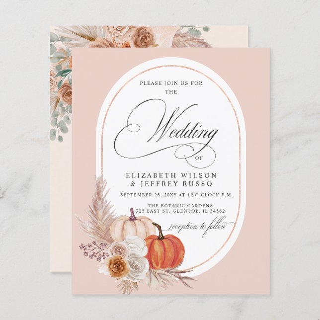 Budget Pampas Pumpkin Fall Wedding Invitation (Front/Back)