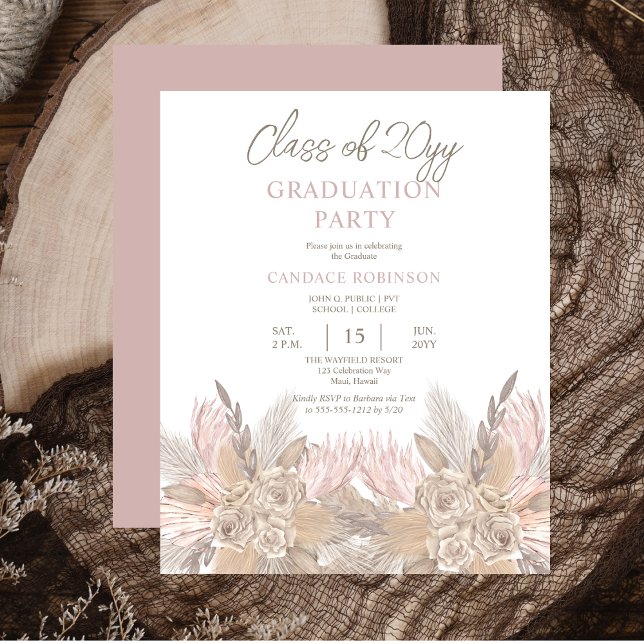 BUDGET Pampas | Roses Neutral Grad Party Invit (BUDGET Pampas Grass and Roses Mocha and Neutral-Toned Graduation Party Invitation)