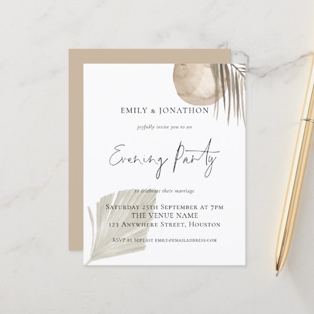 Budget Pampas Script Wedding Evening Party Invite (Front/Back In Situ)